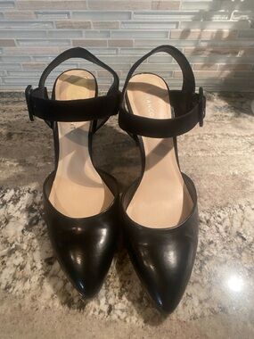 Franco Sarto Black Pointed-Toe Ankle-Strap Pumps